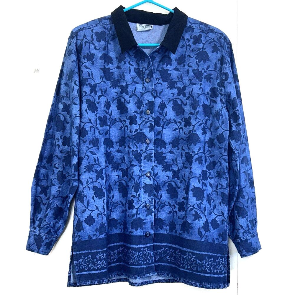 Vintage New Look Blue Floral Denim Button-Down Blazer Size M Long Sleeve